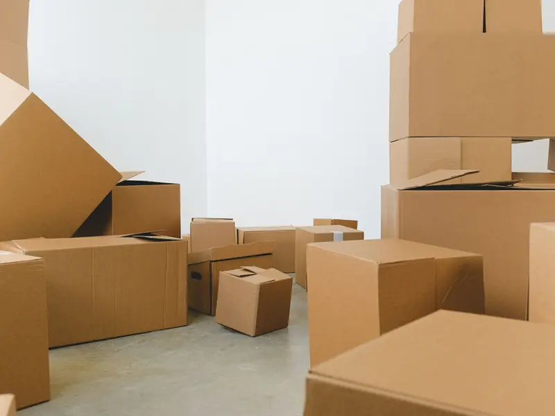 Cartons de déménagement empilés dans un appartement vide.